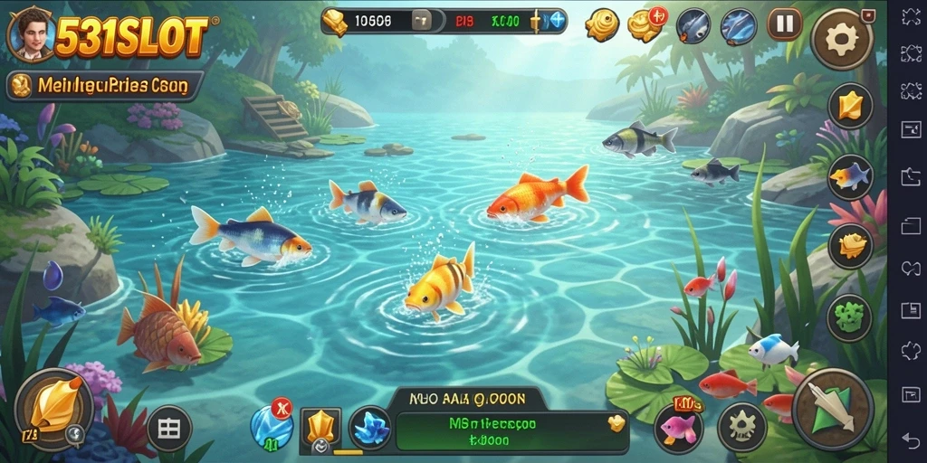 Tampilan gameplay <strong>531SLOT</strong> dengan berbagai ikan berwarna-warni.