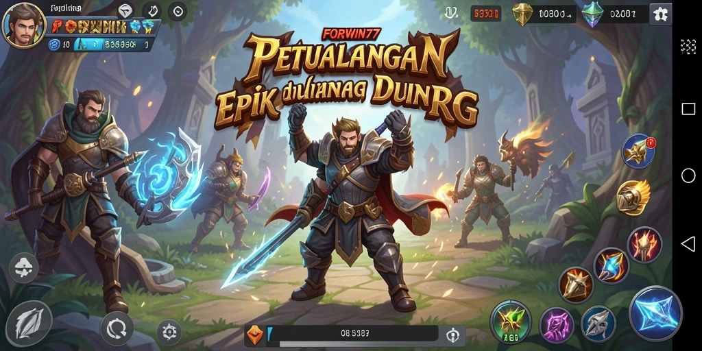 Tangkapan layar utama FORWIN77 menunjukkan karakter beraksi di dunia RPG yang menakjubkan.