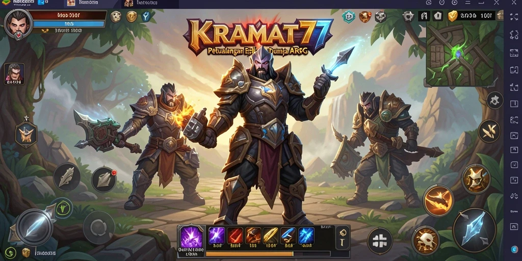 Screenshot KRAMAT77 menunjukkan karakter bertarung melawan monster di latar belakang yang memukau.