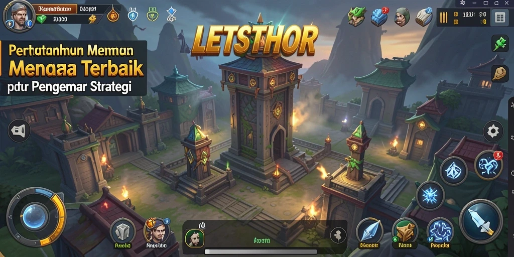 Tangkapan layar gameplay LETSTHOR dengan menara bertahan.