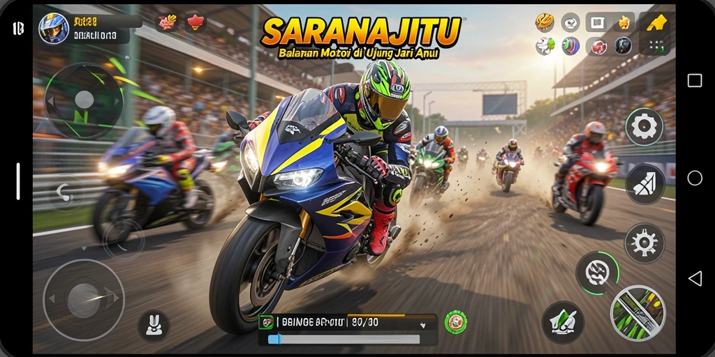 Tampilan gameplay <strong>SARANAJITU</strong> yang mendebarkan dalam balapan motor.