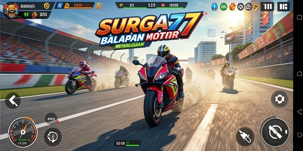 Tangkapan layar SURGA77 menampilkan aksi balapan motor yang mendebarkan.